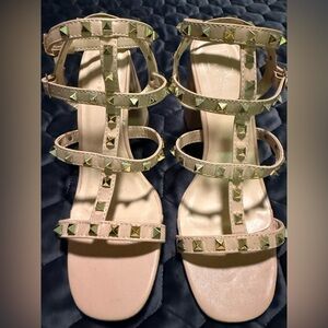 Tan Sandals with Gold Rockstuds - 4” Block Heels - Size 8-1/2
